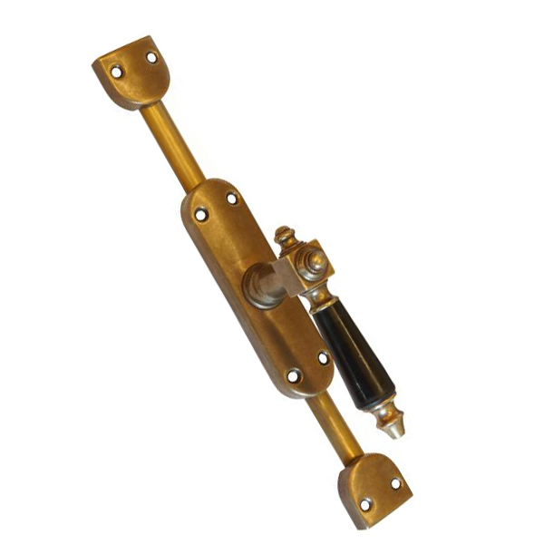 Fenstergetriebe historisch, Basküleverriegelung, Basküleverschluss, Bascule, antik Fenster Getriebe aufliegend, Messing patiniert, für linkes Fenster, bis 2,4 Meter